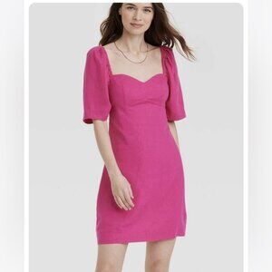 A New Day Women’s Pink Puffed Sleeve Linen Blend  Dress